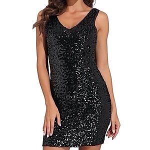Amber Blue $99 Large Black Sequin V-Neck Bodycon Mini Dress Sleeveless